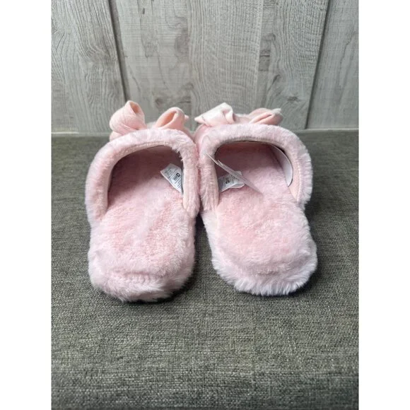 Womens Fuzzy Open Toe Pink Slippers Bow Trim Non-Slip Sole Size M 8-10 - Picture 3 of 7